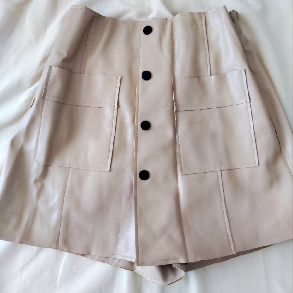 Beige Faux Leather Button-Up Skirt Pants